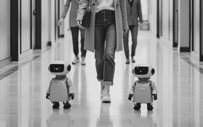 人と小型ロボットが一緒に歩くAI協働のイメージ。AIチームからAIオーケストラへ発展するHuman-AI collaborationの概念を表した画像