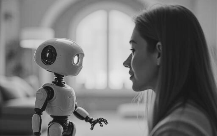 人とAIロボットが向き合うイメージ｜AI設計とAIチーム、AIプロセスによるAI協働モデル
